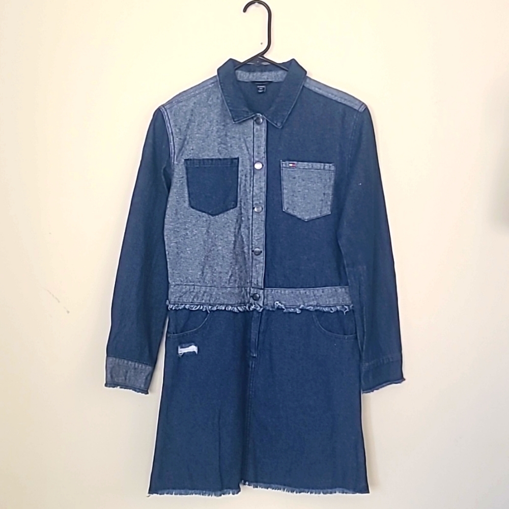 Tommy Hilfiger Denim Dress Girl's XL 16 Long Sleeve Snaps Zips Raw Hem Western